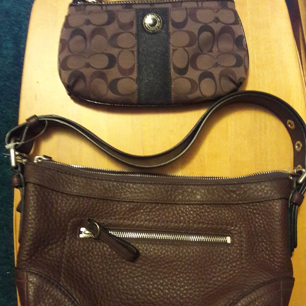 Brown Leather Coach Bag and Fabric Wristlet